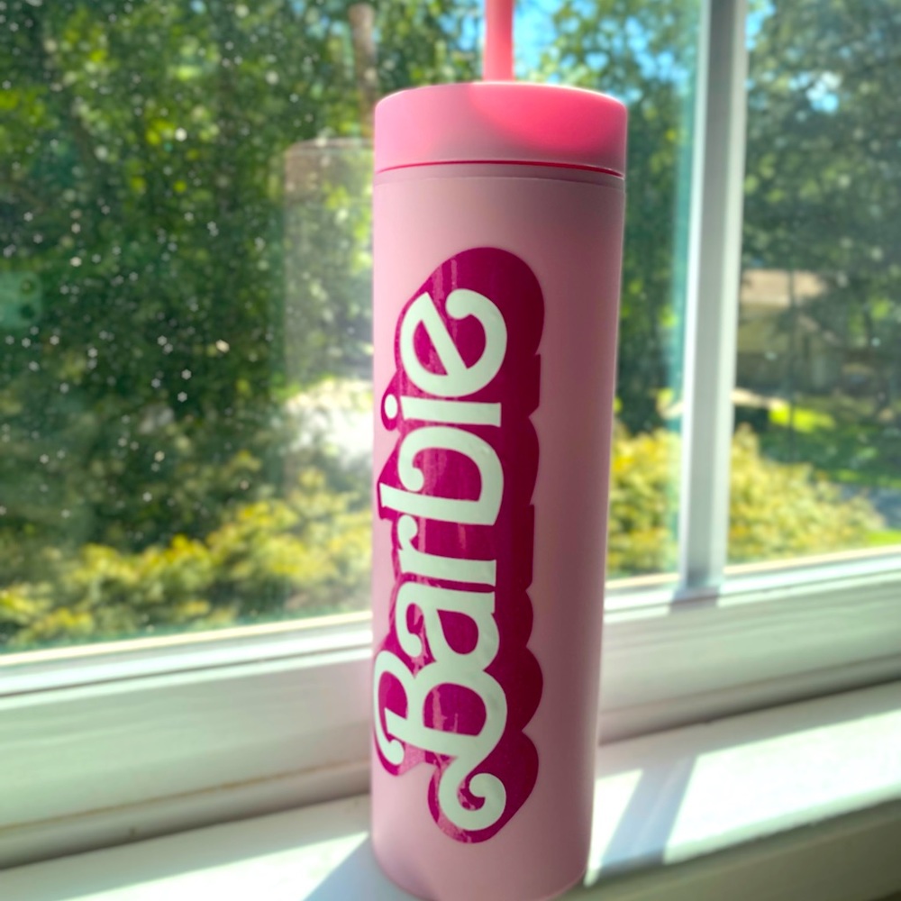Barbie Movie Pink Tumbler Cup w/Glitter Logo
